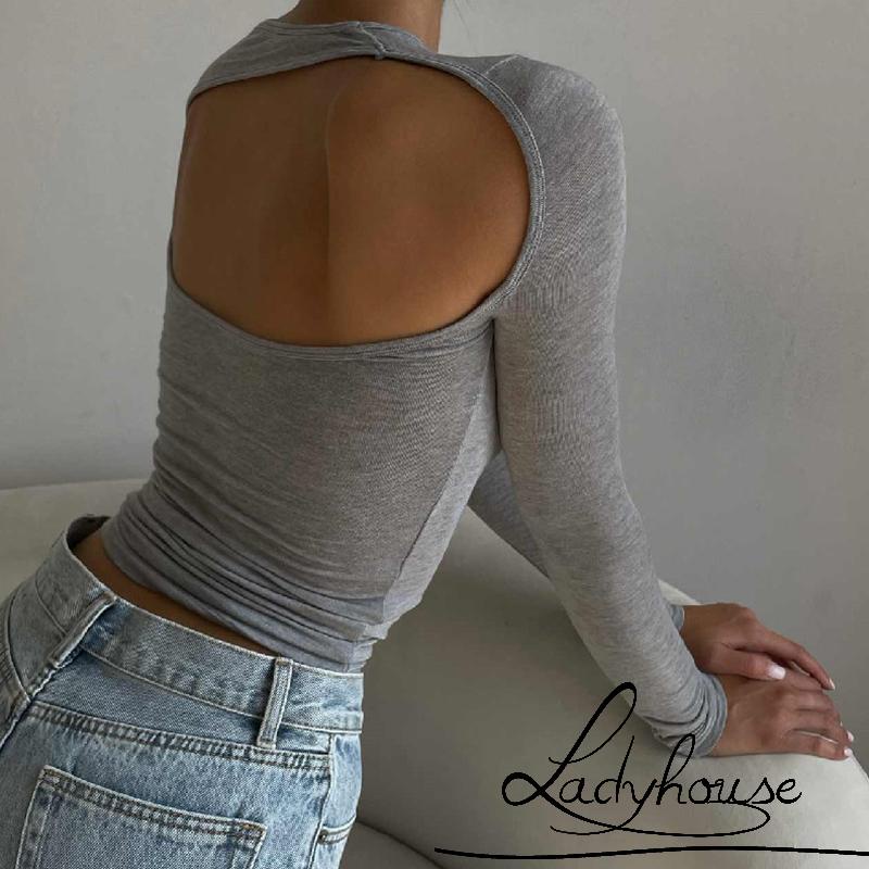 Áo Thun Crop Top Tay Dài Cổ Tròn Màu Trơn Thiết Kế Khoét Lưng Quyến Rũ