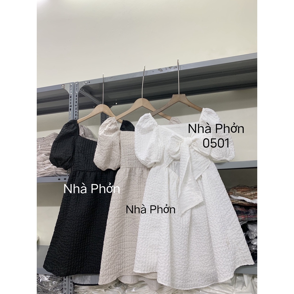 Váy đầm babydoll phồng thắt nơ hở lưng chất vải xốp
