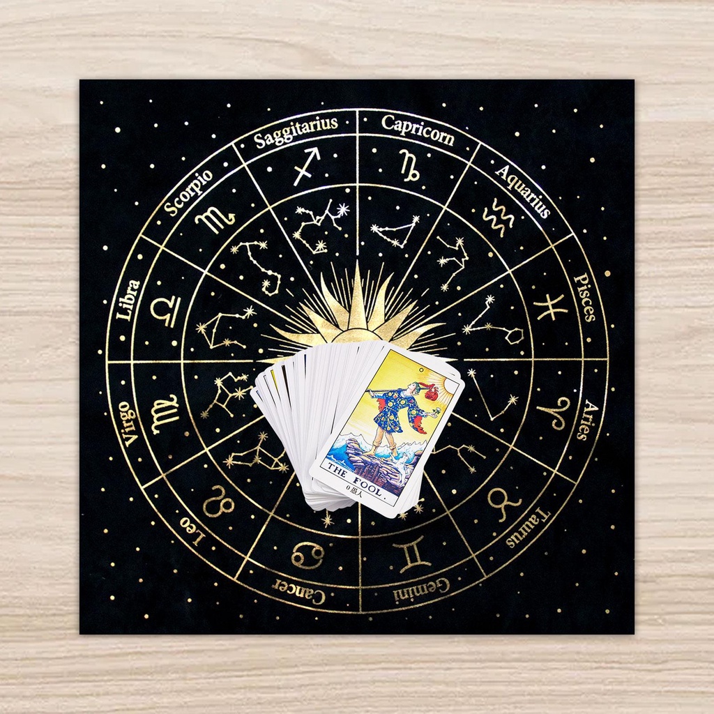 Khăn Trải Bàn Bằng Vải Nhung Màu Đen Viền Vàng Hình Ngôi Sao Bài Tarot