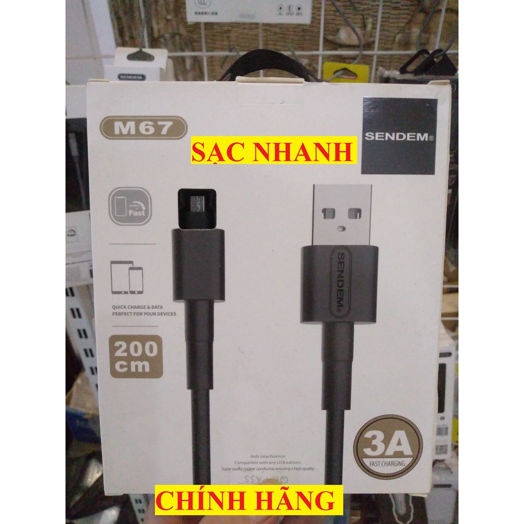 Cáp sạc Lighting, MicroUSB Sendem M67 dài 2M cho điện thoại Iphone, Samsung,... dây nhựa cao cấp sạc cao tốc 3A