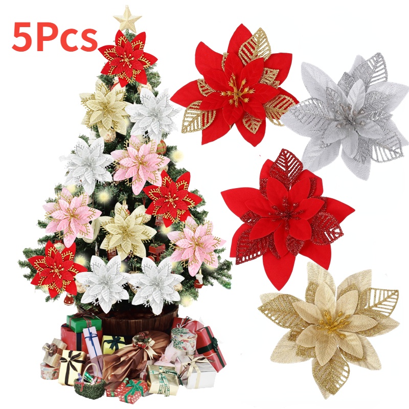 5 Bông Hoa Lụa Nhân Tạo 15cm Trang Trí Giáng Sinh
