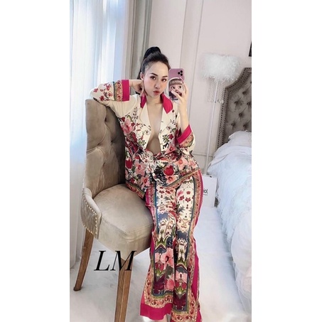 (Hình thật) Set Đồ bộ Pijama - Bộ lụa latin mặc nhà tay dài hoa đỏ latin cao cấp