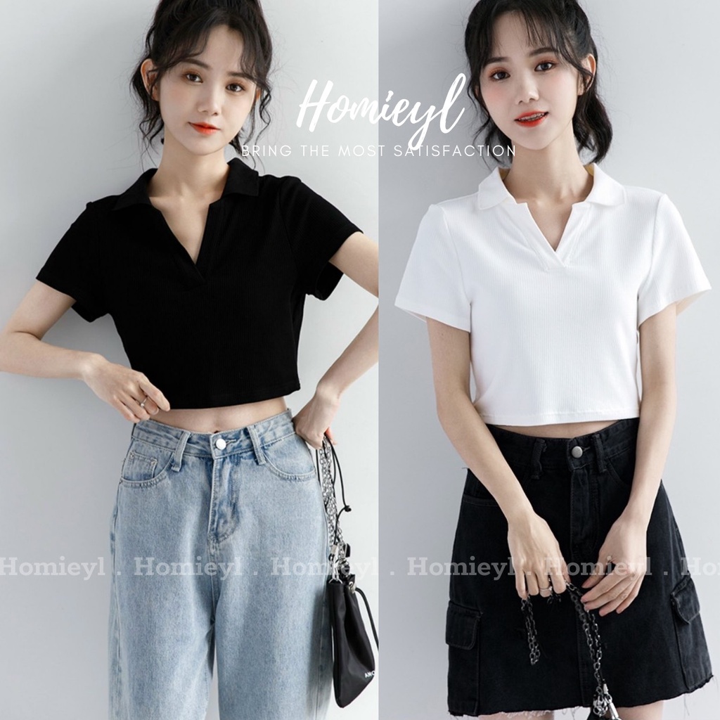 Áo croptop có cổ polo V nữ dáng suông tay ngắn chất cotton Homieyl cao cấp màu đen trắng đi chơi, đi làm