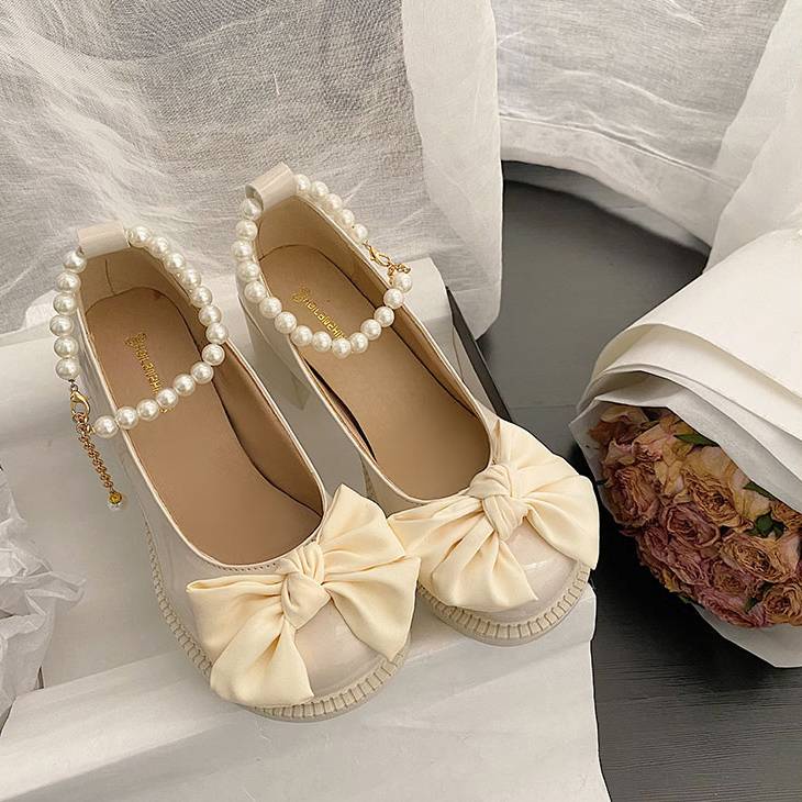 Giày lolita đê cao Giày Cao Gót Mary Jane Mũi Tròn Đính Nơ Phối Dây Ngọc Trai Phong Cách Thời Trang Mùa Hè 2022 Mới