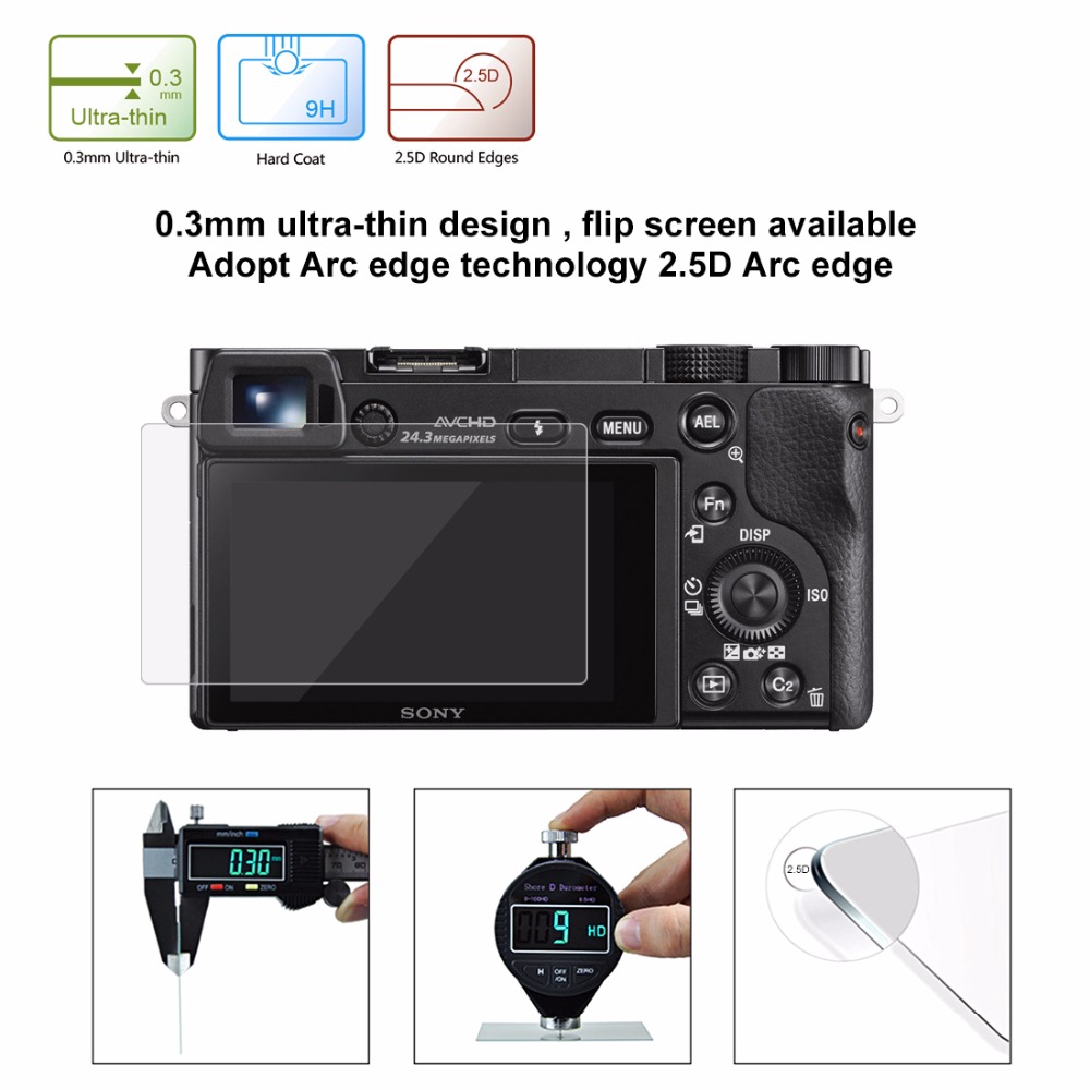 Kính cường lực bảo vệ màn hình máy ảnh 9H 2.5D 0.3mm viền cong thích hợp cho Sony A6000/ A6300/ A6500