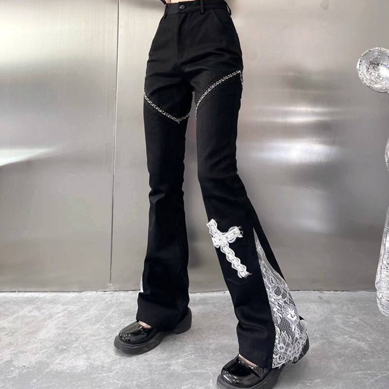 Quần Ống Loe Lưng Cao Phối Ren Thời Trang Cho Nữ