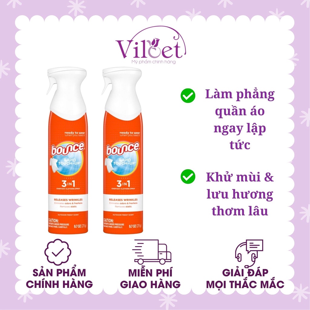 Xịt thơm phẳng quần áo Bounce 3 in 1, khử mùi, chống nhăn tức thì 275g - Shop Viloet