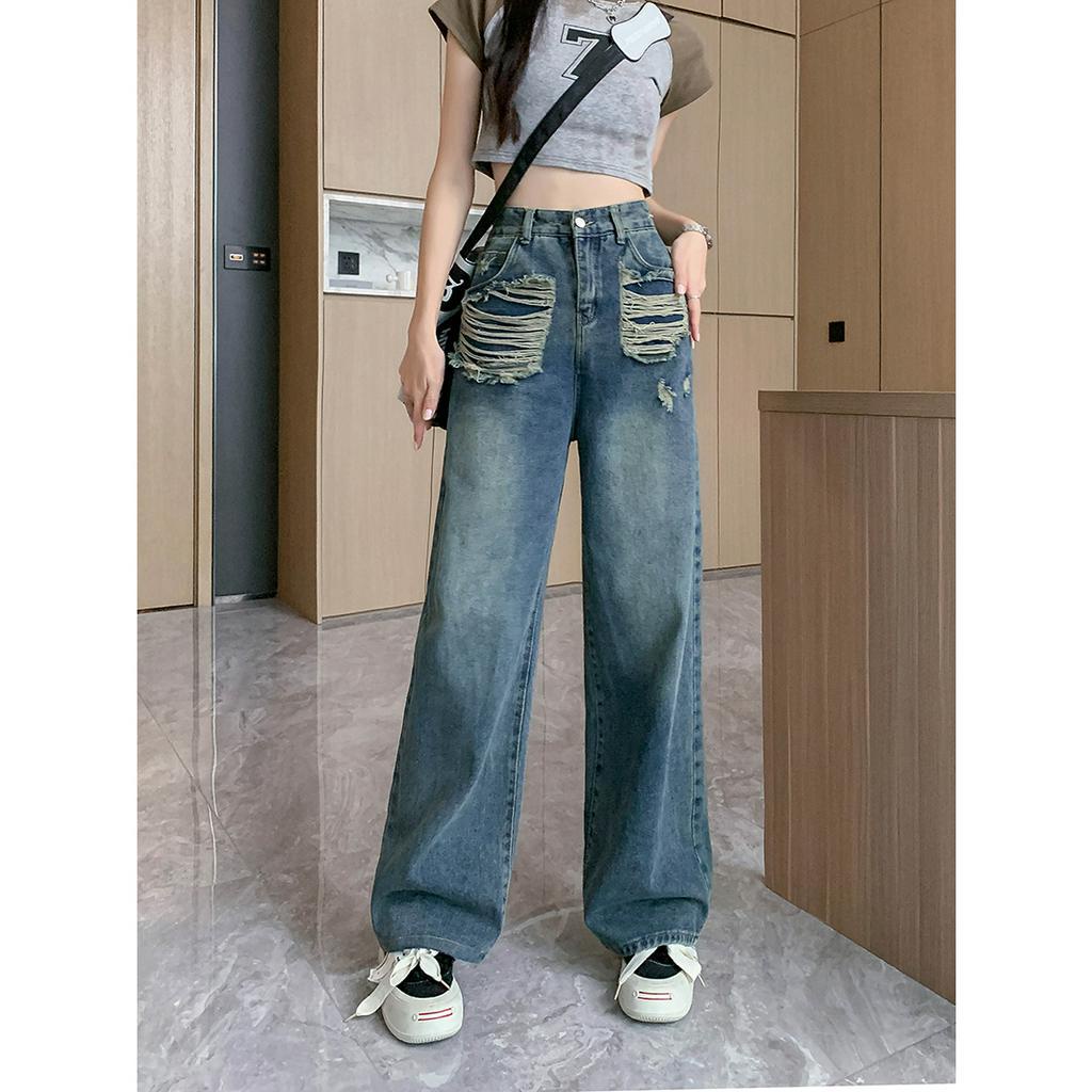 Ethelgirl Quần Jean Nữ Ống Rộng Lưng Cao Phong Cách Cổ Điển Mỹ