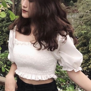 [Ảnh thật] Áo croptop cổ vuông tay bồng phồng thân chun nhăn co giãn - by SugarG
