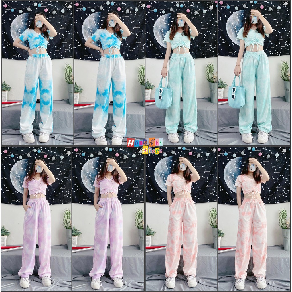 Set Bộ Áo Croptop Rút Dây Hoạ Tiết 3D Kèm Quần Long Pant Dài Dây Rút Cực Xinh - MM