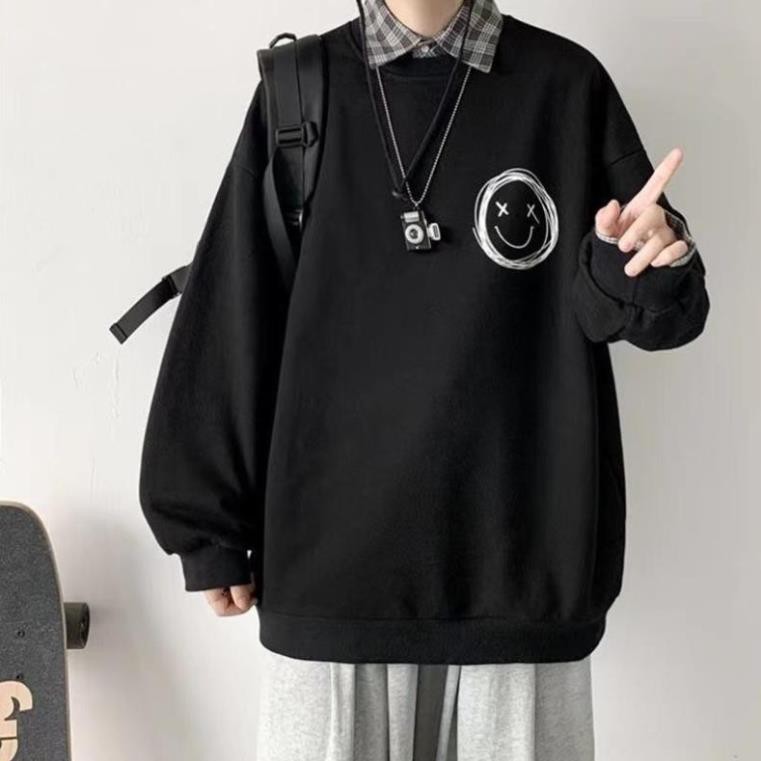 Áo Sweater Trơn 3 Màu Hình Icon Mặt Cười Form Rộng Unisex