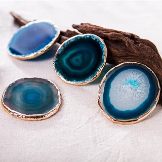 2Pcs Agate Slice Blue Coaster Tray Decorative Design Gold Edges