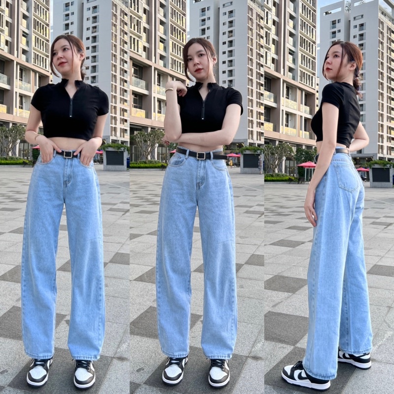 Quần Ống Suông Dài Jean Nữ Ống Rộng Cạp Cao Tôn Dáng Vải Đẹp