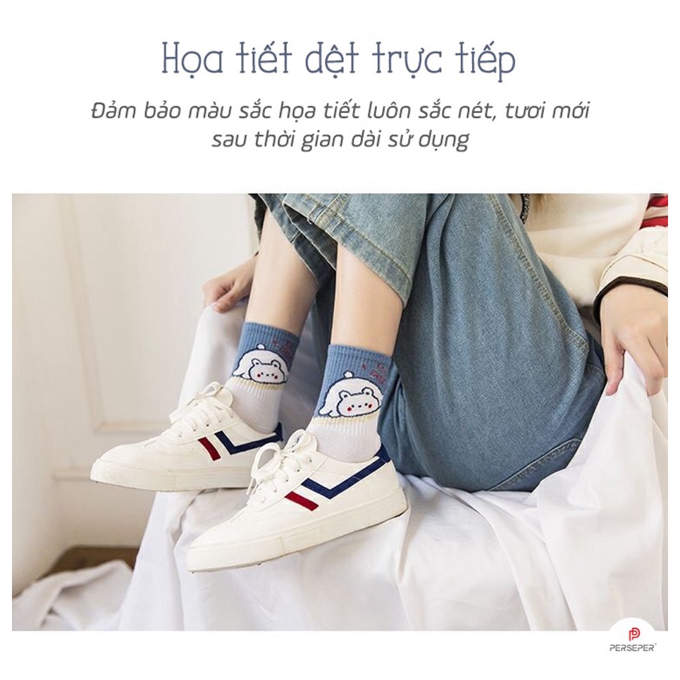 Tất cổ cao trắng họa tiết hình thú dễ thương set 5 đôi kèm túi xinh