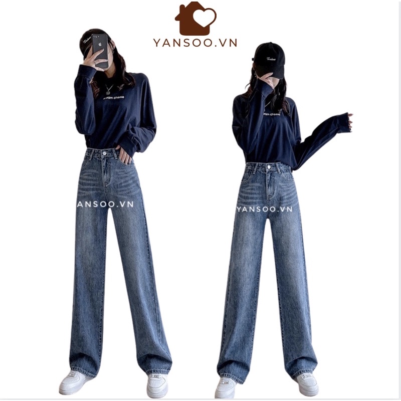 Quần jean ống rộng cạp cao xanh đậm trơn , quần bò cullotes hách dáng chất dày dặn by YANSOO