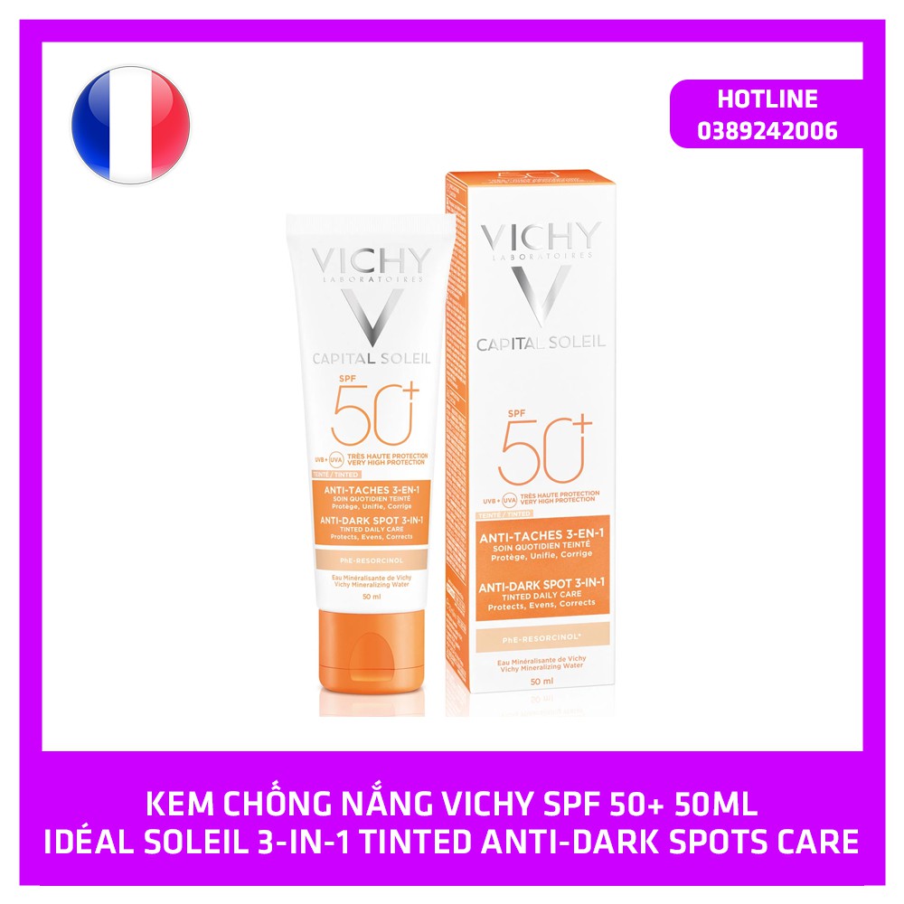 Kem chống nắng Vichy Idéal Soleil 3-in-1 Tinted Anti-Dark Spots Care SPF 50+ 50ml - Nâng tone