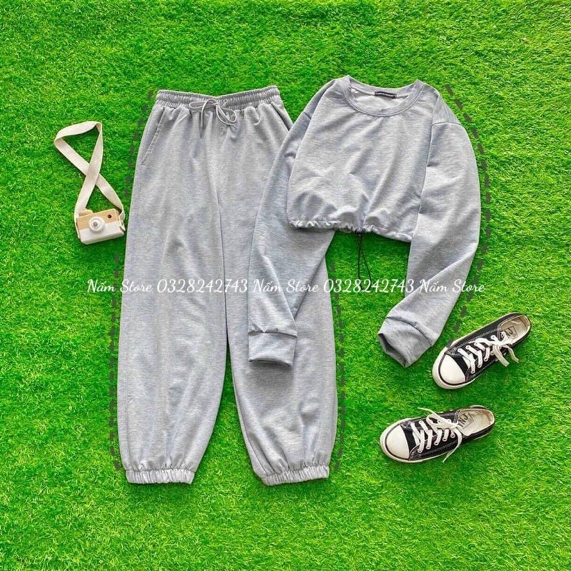 [Mã FATHANG5 giảm 10K đơn 50K] Set thể thao áo croptop tay dài rút dây + quần jogger trơn dài ống bo unisex