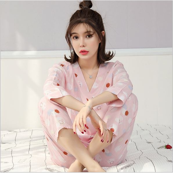 Đồ Ngủ Vải Lanh Mùa Hè  Bộ Mặc Nhà Ngắn Tay Cổ Tim  40kg - 75 kg