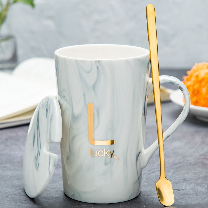 Ly cốc sứ cao cấp có nắp VÂN ĐÁ Lucky cực đẹp
