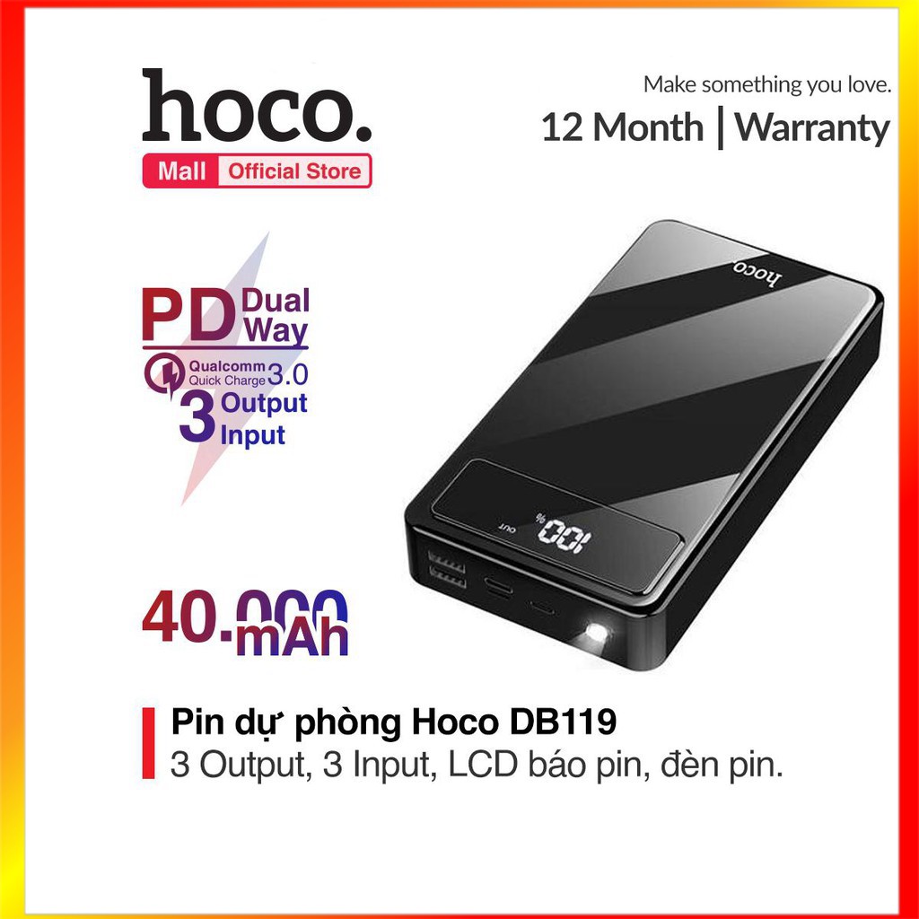 Pin sạc dự phòng Hoco DB119 dung lượng khủng 40000mAh sạc nhanh 2 cổng USB 5V/2A Max tích hợp đèn pin, màn hình LCD  - S