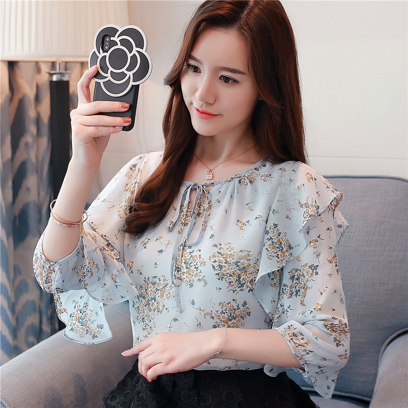 New  Korean Woman Chiffon Shirt Female Summer Long Sleeve V-neck Shirt Temperament Floral Shirt | BigBuy360 - bigbuy360.vn