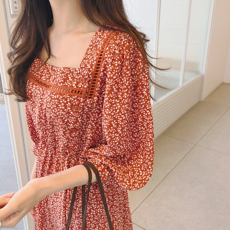 (ORDER) Váy MORAN hoa nhí cổ vuông thun eo ngọt ngào Retro Dress Hàn Quốc 2020