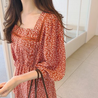 (ORDER) Váy MORAN hoa nhí cổ vuông thun eo ngọt ngào Retro Dress Hàn Quốc 2020