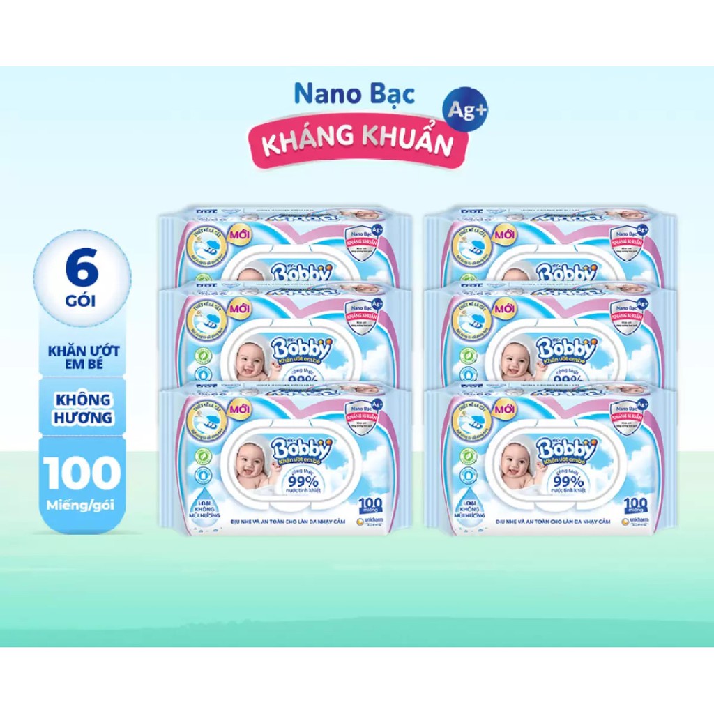 Bộ 6 gói Khăn ướt Bobby không mùi 100 tờ/gói (Xanh)