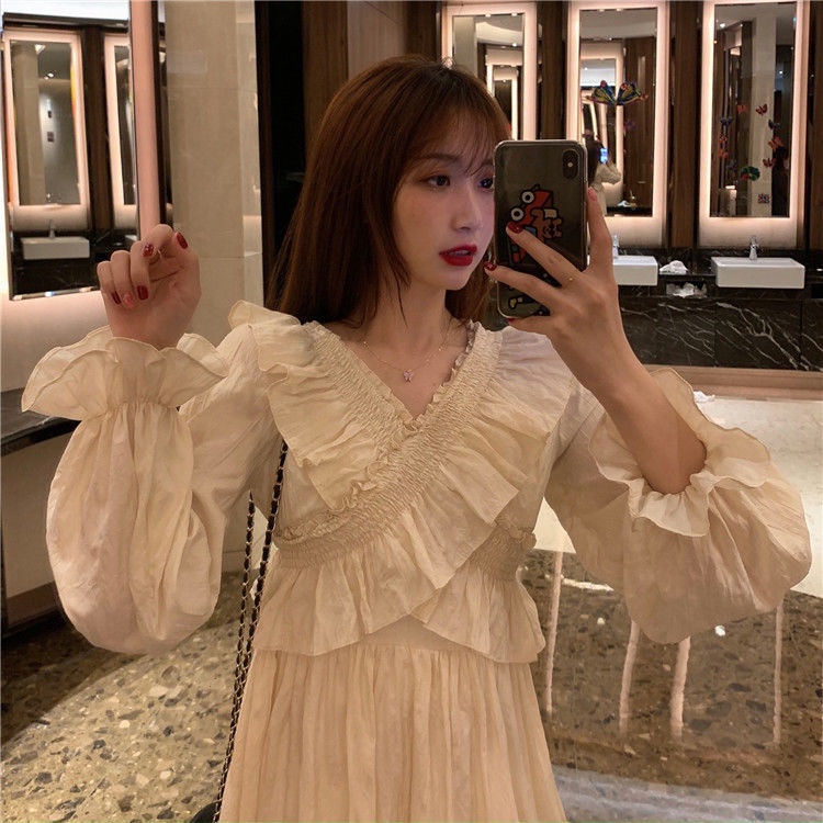 Đầm Tay Dài Cổ Chữ V Phối Bèo Thiết Kế Mới Thời Trang Mùa Thu Dành Cho Nữ