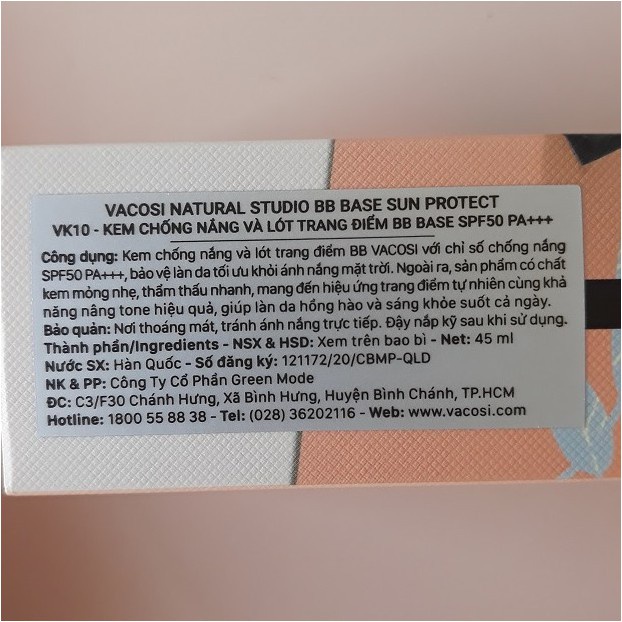 Kem chống nắng + lót trang điểm VACOSI BB​ BASE SUN﻿ PROTECT SPF50 PA+++