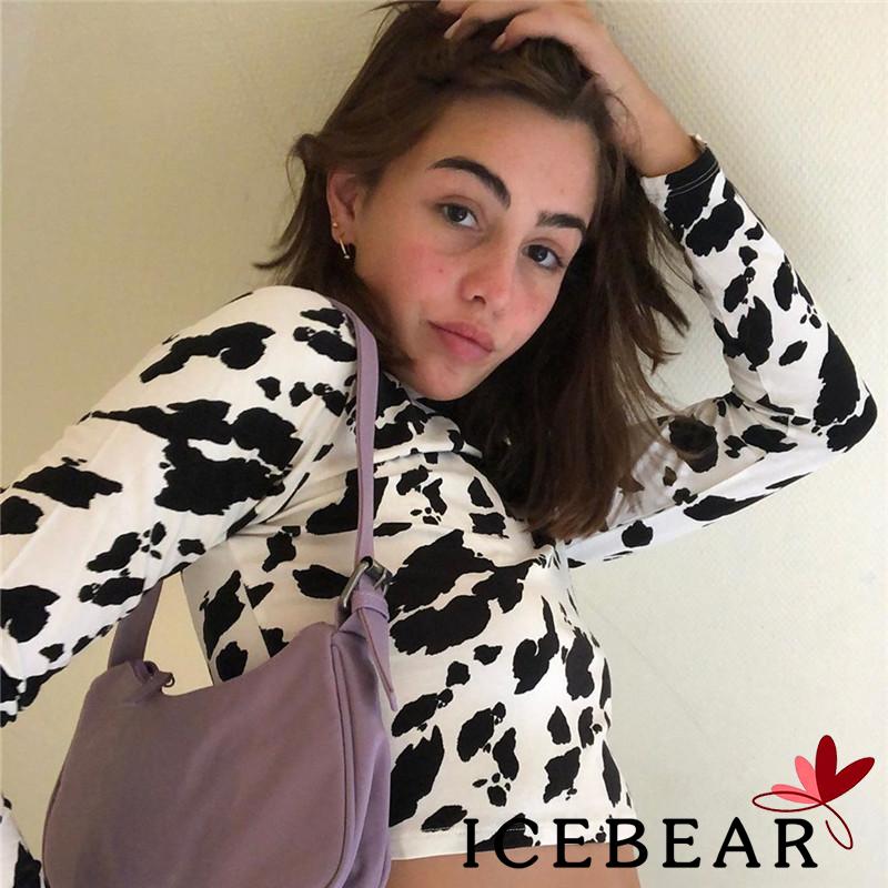 Áo Crop Top Dài Tay Cổ Cao Họa Tiết Da Bò Sữa Dễ Thương Cho Nữ