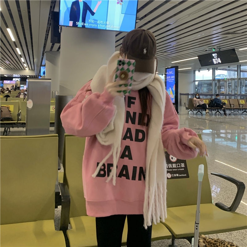 Áo Thun Nỉ Dài Tay Dáng Rộng In Chữ Phong Cách Hàn Quốc Thời Trang Mùa Đông Mới Cho Nữ