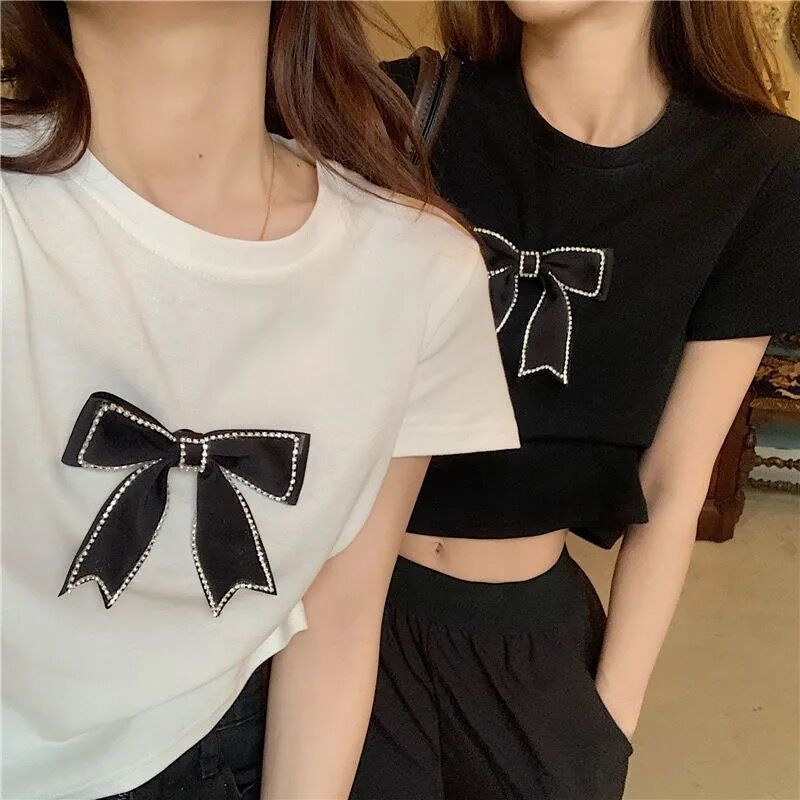 Áo Thun Ngắn Tay Đính Đá Phong Cách Hàn Quốc Thời Trang Cho Nữ