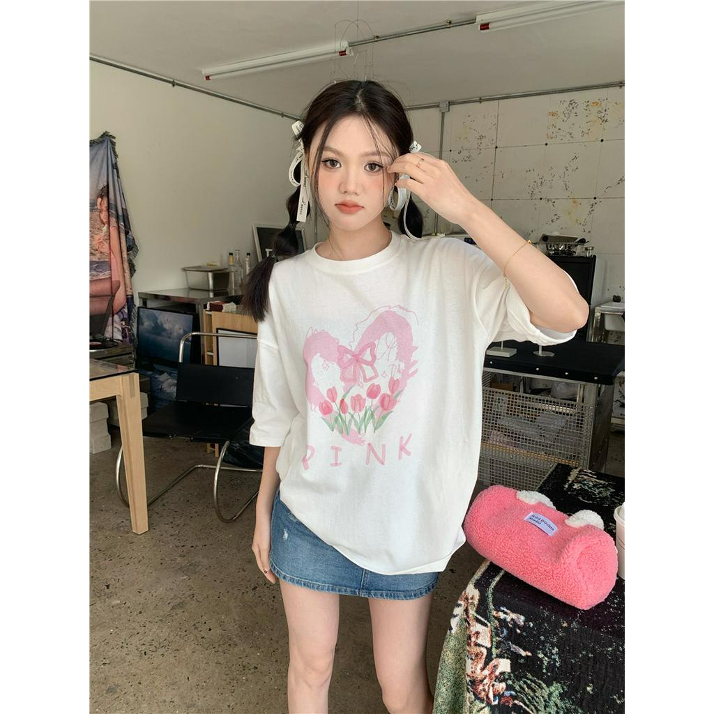 Áo Thun Dáng Rộng Ngắn Tay In Hình Hoa Tulip Thời Trang Cá Tính 61822