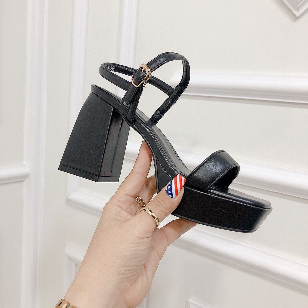 Giày sandal nữ gót vuông mũi đúp 9 phân quai ngang bản mảnh form chuẩn đẹp kiểu dáng đơn giản cực dễ mang