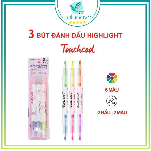 Combo 3 bút đánh dấu highlight 2 đầu màu sắc khác nhau, bút nhớ Touchcool cho học sinh - A52