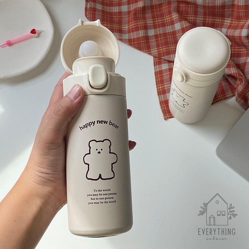 Bình giữ nhiệt hình gấu siêu dễ thương tiện dụng kèm túi vải xách tay canvas