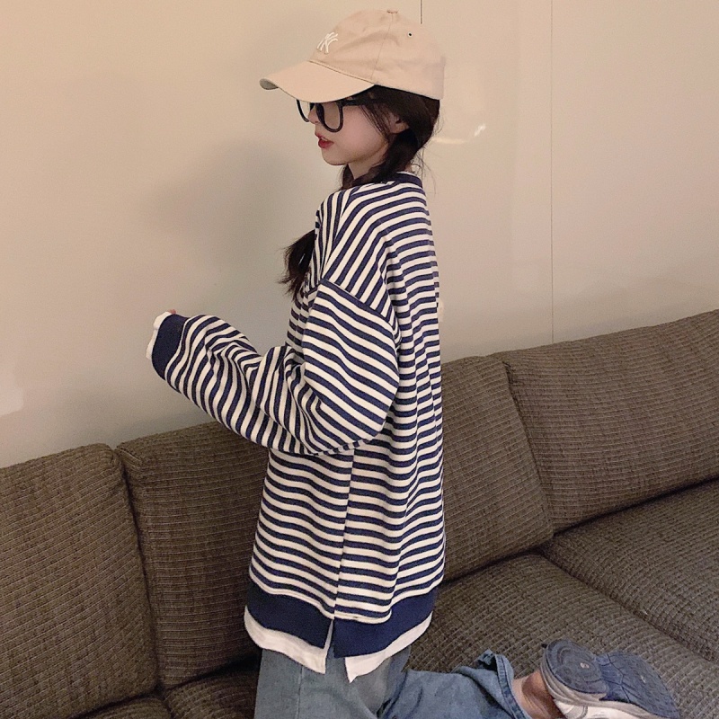 Áo Thun Sweater Mỏng Cổ Tròn Dáng Rộng Kẻ Sọc Thời Trang Mùa Thu Cho Nữ