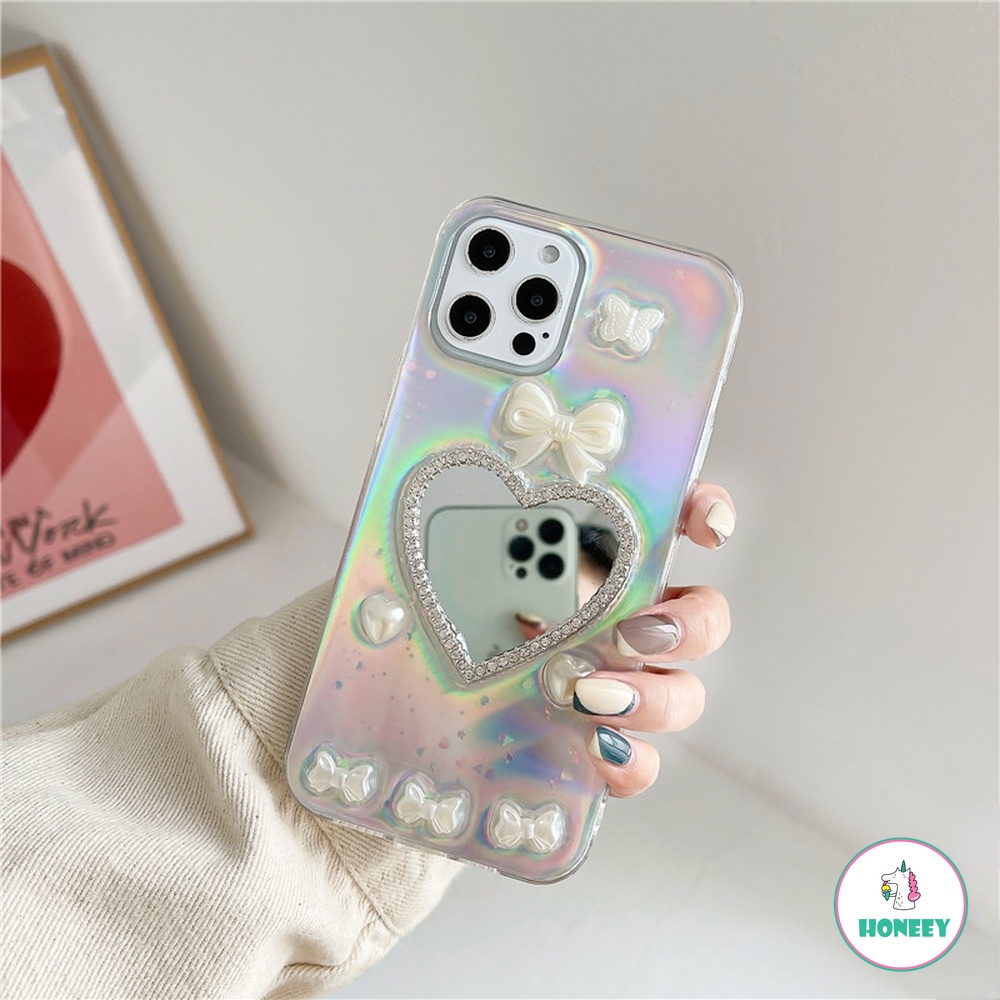 Ốp điện thoại tpu mềm chống sốc đính nơ phối gương trang điểm cho iPhone 13 12 11 pro max x xs xr 8 7 plus | BigBuy360 - bigbuy360.vn