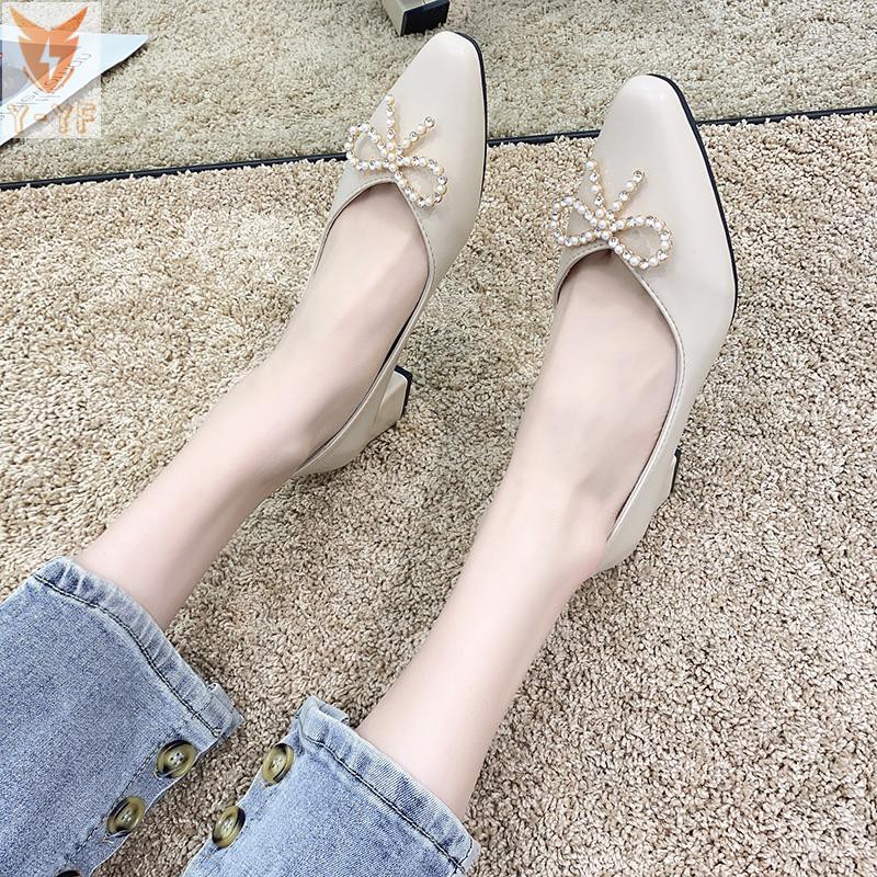 [High quality]Square toe shallow shoes women's spring 2021 new net red wild fairy style pearl bow thick heel high heels