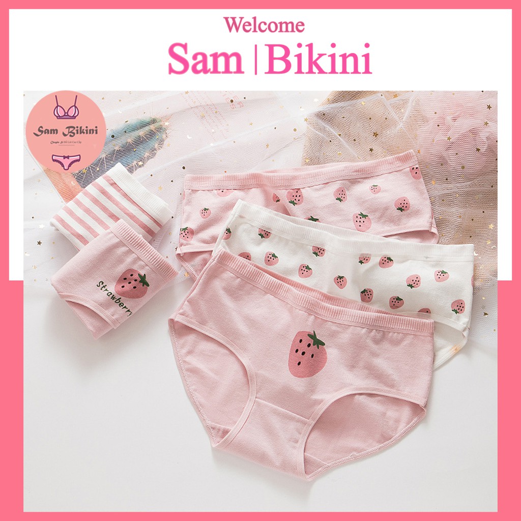 Quần lót, Quần Chip nữ cotton họa tiết dâu tây ngọt ngào dễ thương mềm mại, thoáng mát, kháng khuẩn
