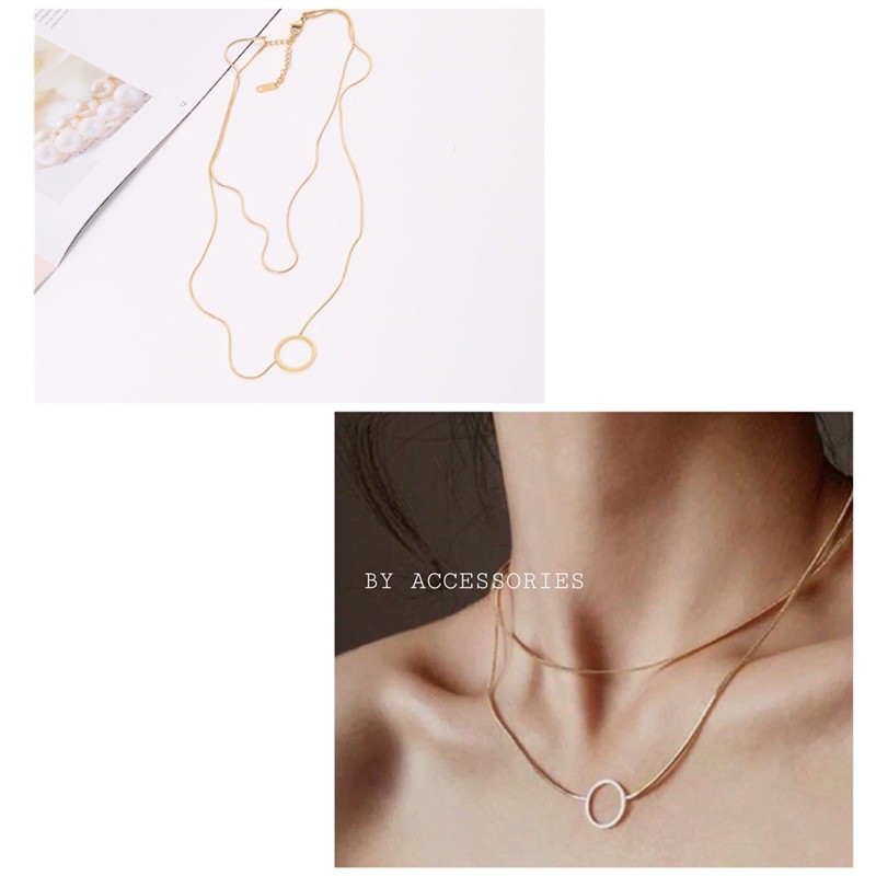 Dây chuyền titan 2 tầng mảnh và mặt vòng tròn rỗng không gỉ