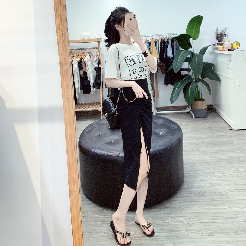 Set Áo Phông Chữ Hate is not Family Mix Chân Váy Xẻ Dây Rút