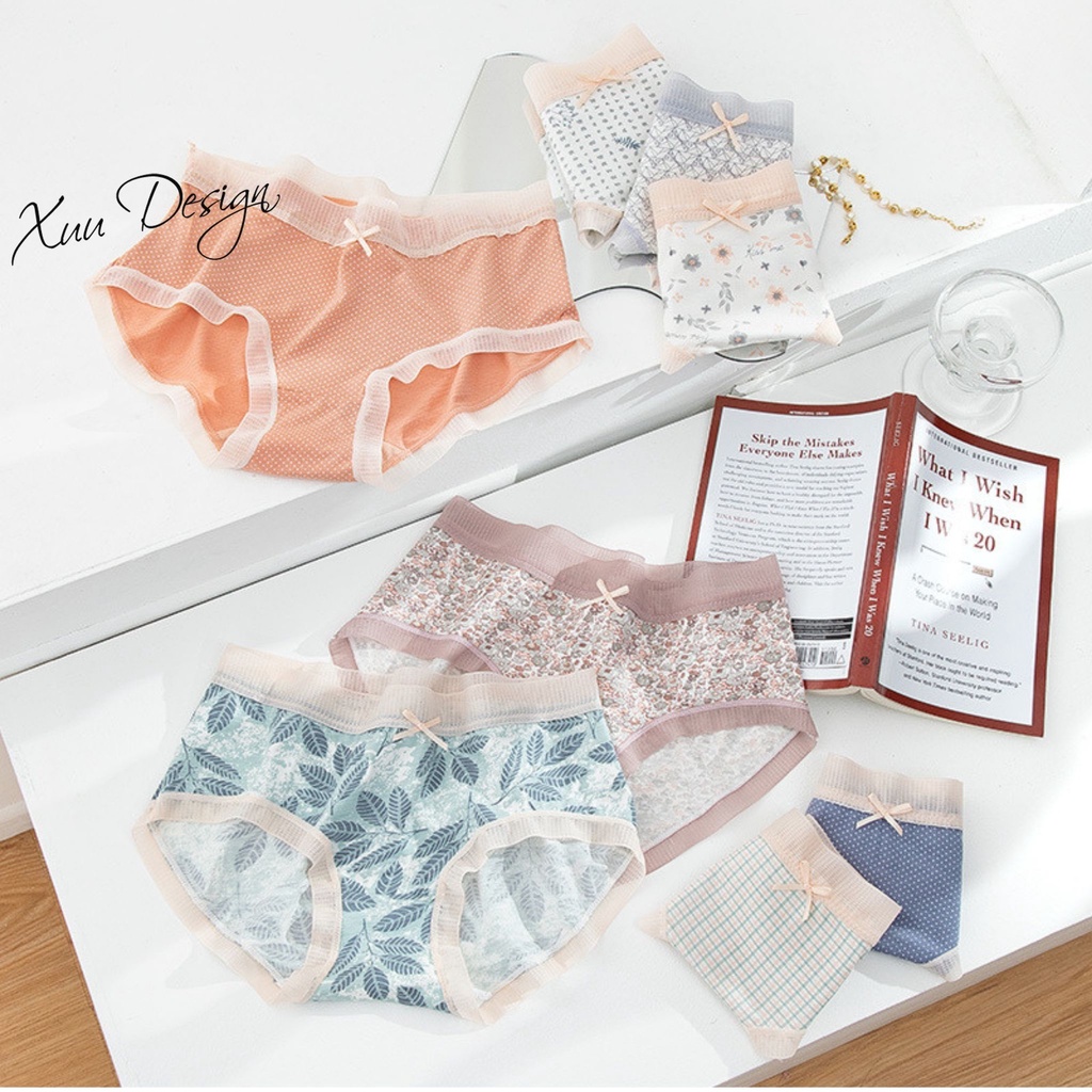 Quần lót cotton nữ họa tiết XUU, thiết kế phối nơ ren ngọt ngào QC74
