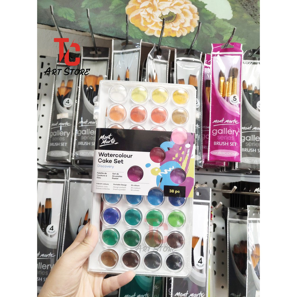 Bộ 36 Màu Nước Nén MONT MARTE – Kèm 1 cọ và 1 bảng 36 lỗ pha màu tương ứng (Watercolour Cake Set Mont Marte)