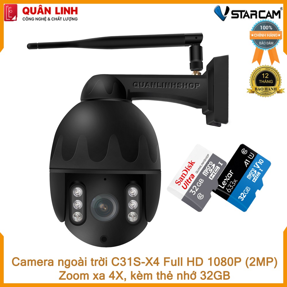 Camera giám sát IP Wifi hồng ngoại ngoài trời zoom xa 4X Full HD 1080P 2MP Vstarcam C31s-X4 kèm thẻ 32GB