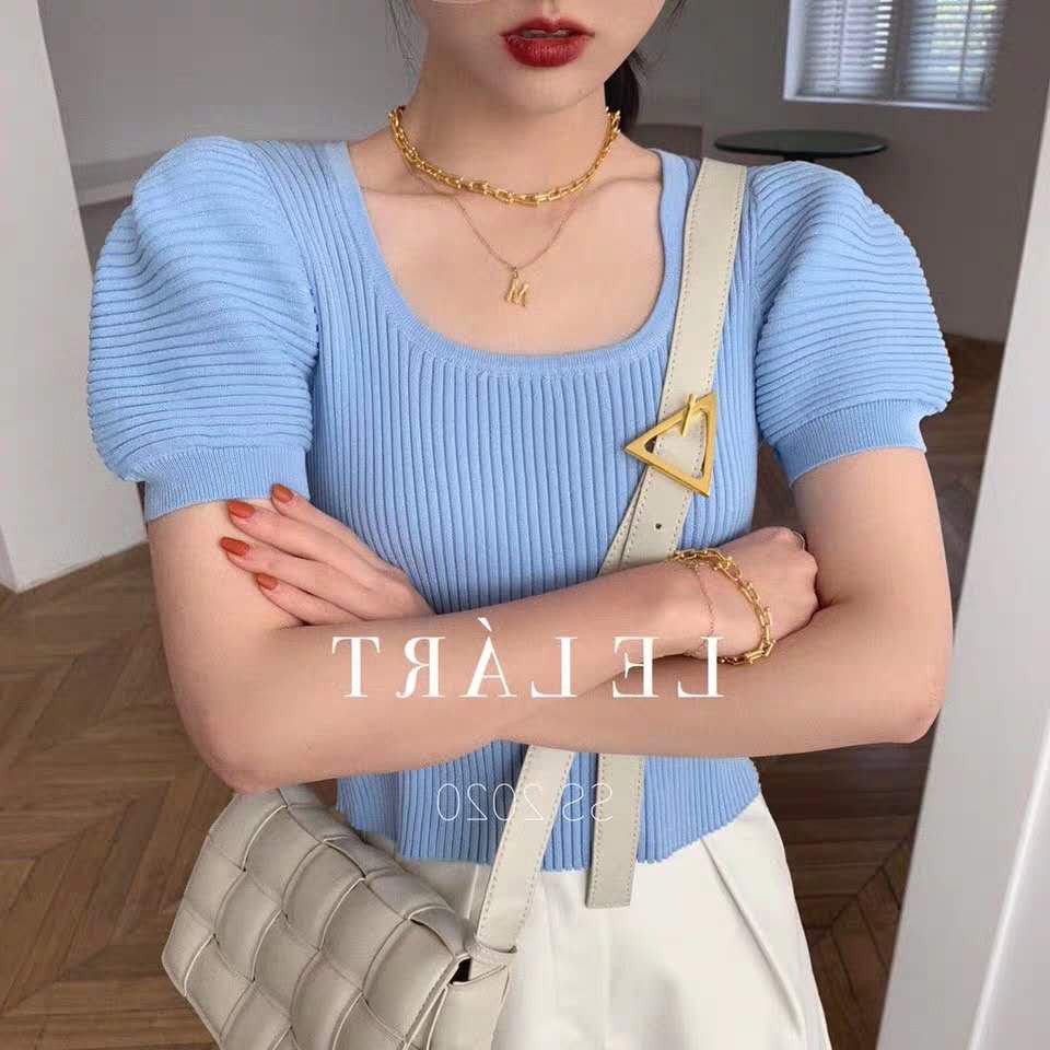 Áo croptop dệt kim cổ chữ U phối tay áo phồng thời trang cho nữ | BigBuy360 - bigbuy360.vn