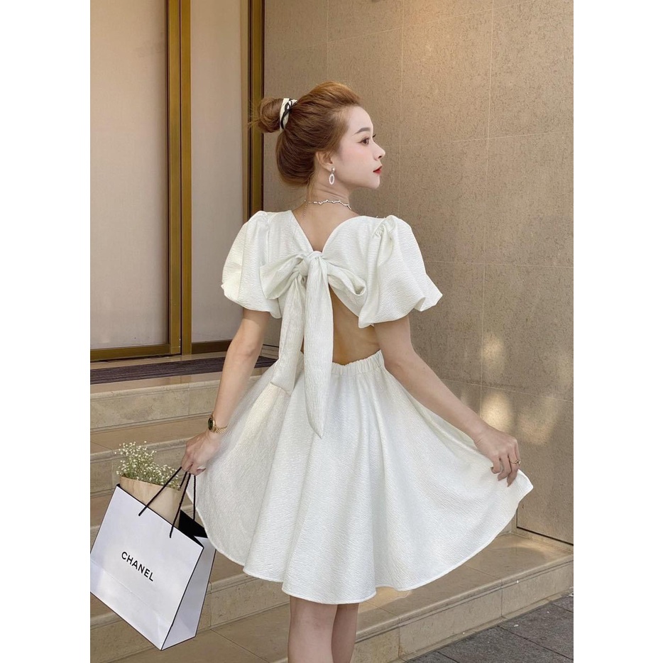 đầm xoè tay bồng ngắn cổ vuông V tiểu thư baby doll dây thắt cột nơ sau khoét hở lưng ulzzang trắng đen hồng xanh