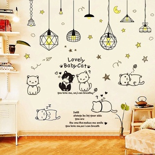 Decal dán tường Mẫu Đèn vàng + Mèo béo
