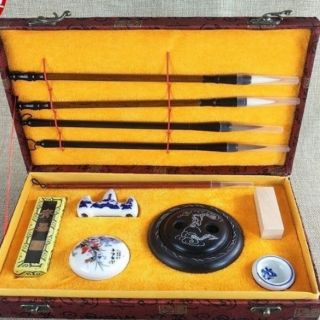 Văn phòng tứ bảo gấm hồng viết thư pháp - Bút lông + con dấu + nghiên mực....